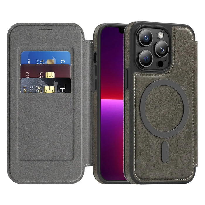 For iPhone 13 Pro Case Compatible with MagSafe RFID Blocking Card Holder Leather Phone Cover - Titanium Grey - 2