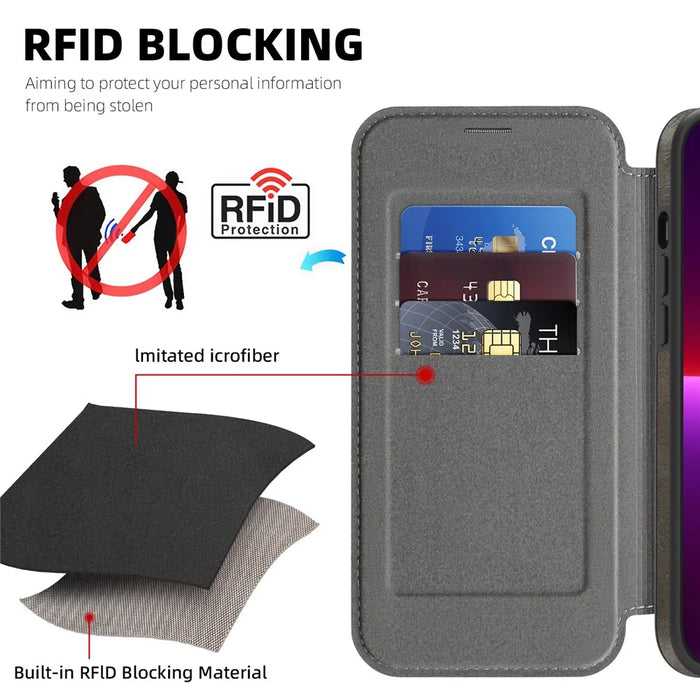 For iPhone 13 Pro Case Compatible with MagSafe RFID Blocking Card Holder Leather Phone Cover - Titanium Grey - 4