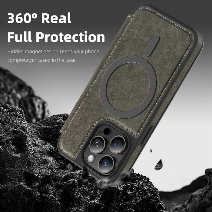 For iPhone 13 Pro Case Compatible with MagSafe RFID Blocking Card Holder Leather Phone Cover - Titanium Grey - 5