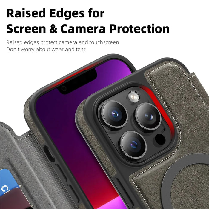 For iPhone 13 Pro Case Compatible with MagSafe RFID Blocking Card Holder Leather Phone Cover - Titanium Grey - 6