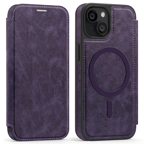 For iPhone 13 Case Compatible with MagSafe RFID Blocking Card Holder Leather Phone Cover - Dark Purple - 1