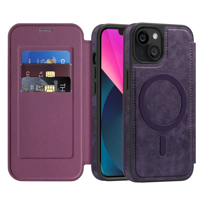 For iPhone 13 Case Compatible with MagSafe RFID Blocking Card Holder Leather Phone Cover - Dark Purple - 2