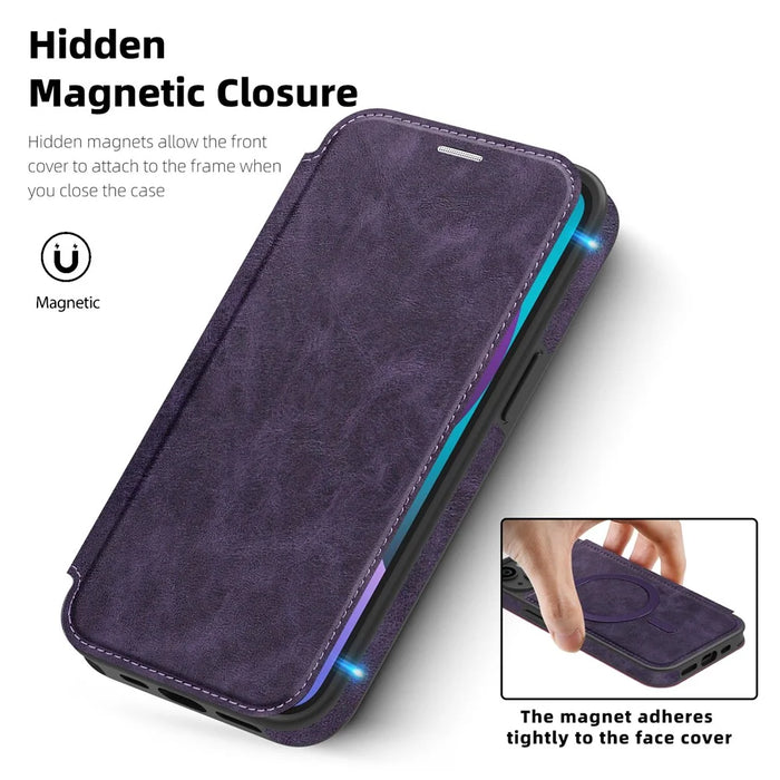 For iPhone 13 Case Compatible with MagSafe RFID Blocking Card Holder Leather Phone Cover - Dark Purple - 3
