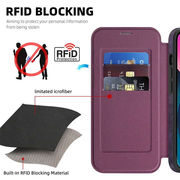 For iPhone 13 Case Compatible with MagSafe RFID Blocking Card Holder Leather Phone Cover - Dark Purple - 4