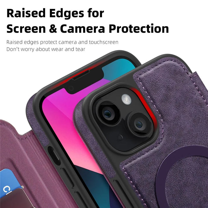For iPhone 13 Case Compatible with MagSafe RFID Blocking Card Holder Leather Phone Cover - Dark Purple - 6