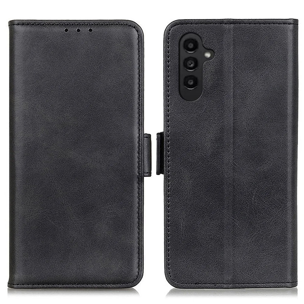 For Samsung Galaxy A14 5G / A14 4G Cowhide Texture PU Leather Case Magnetic Wallet Foldable Stand Anti-dust Phone Shell Cover - Black - 1