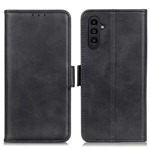 For Samsung Galaxy A14 5G / A14 4G Cowhide Texture PU Leather Case Magnetic Wallet Foldable Stand Anti-dust Phone Shell Cover - Black - 1