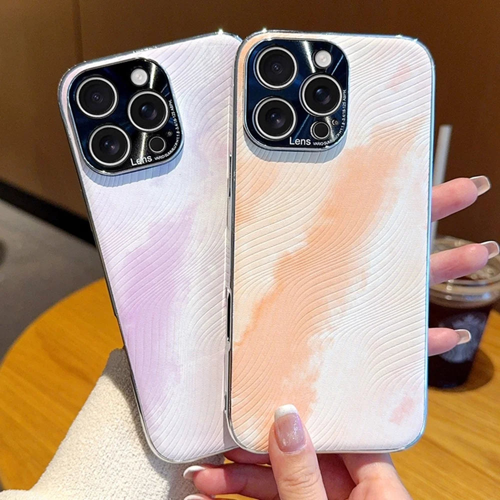 For iPhone 16 Pro Max Case Electroplated Watercolor PC + PU Leather Phone Back Cover - Light Pink - 7