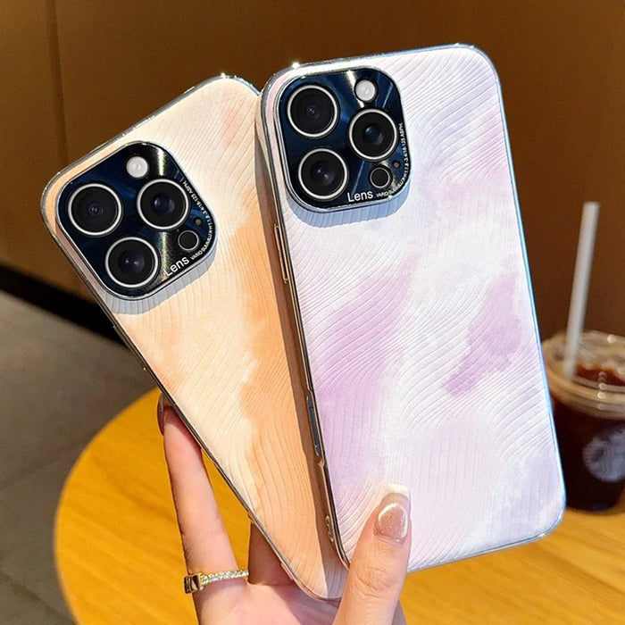 For iPhone 15 Pro Max Case Electroplated Watercolor PC + PU Leather Phone Back Cover - Light Pink - 6