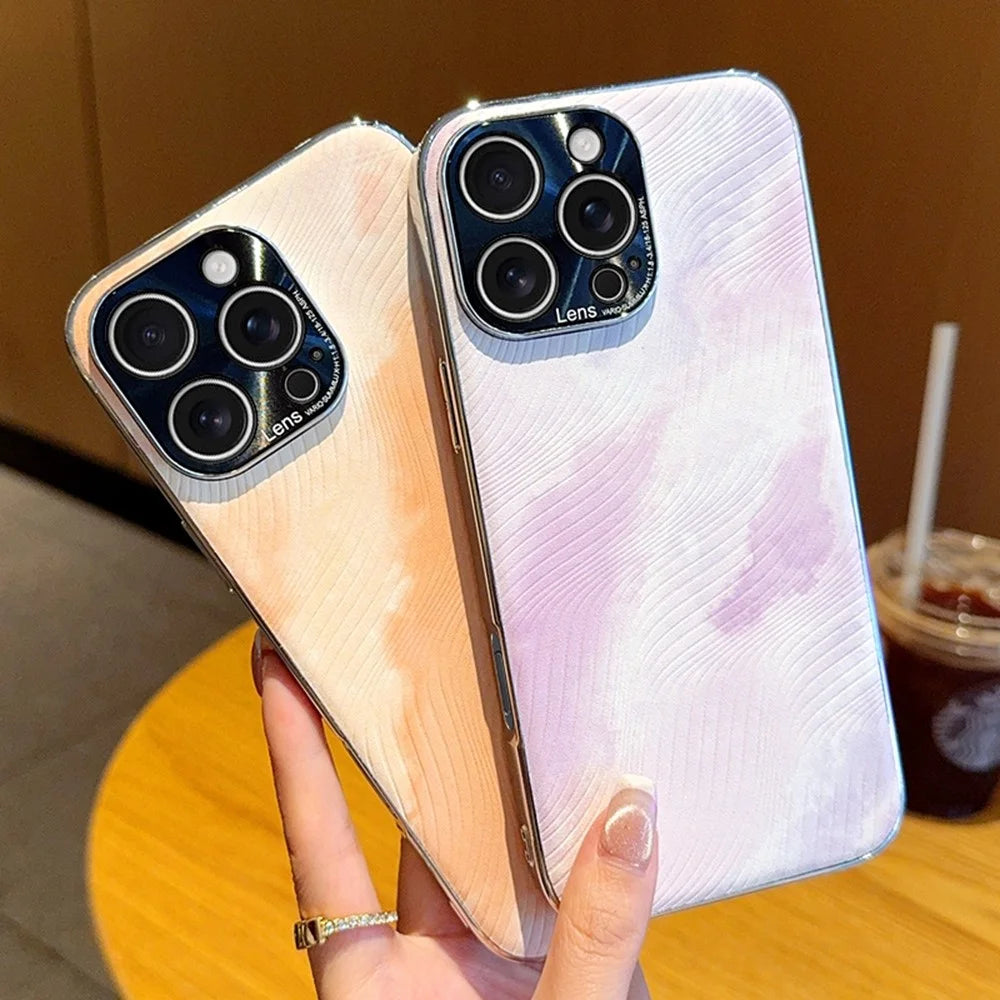 For iPhone 15 Pro Case Electroplated Watercolor PC + PU Leather Phone Back Cover - Light Pink - 6