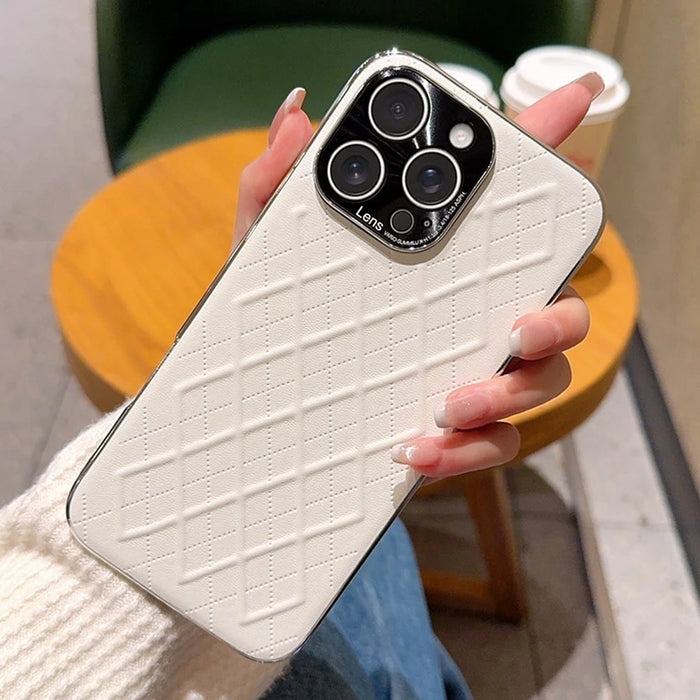 For iPhone 16 Pro Case Electroplated Silver Edge Rhombus Pattern PC + PU Leather Phone Back Cover - White - 5