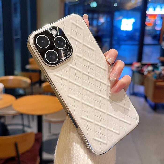 For iPhone 16 Pro Case Electroplated Silver Edge Rhombus Pattern PC + PU Leather Phone Back Cover - White - 6