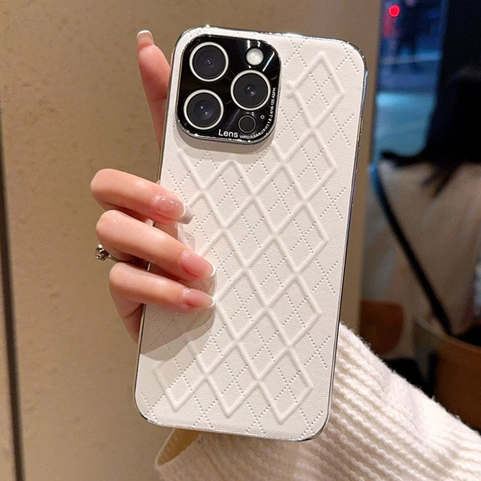 For iPhone 15 Pro Case Electroplated Silver Edge Rhombus Pattern PC + PU Leather Phone Back Cover - White - 1