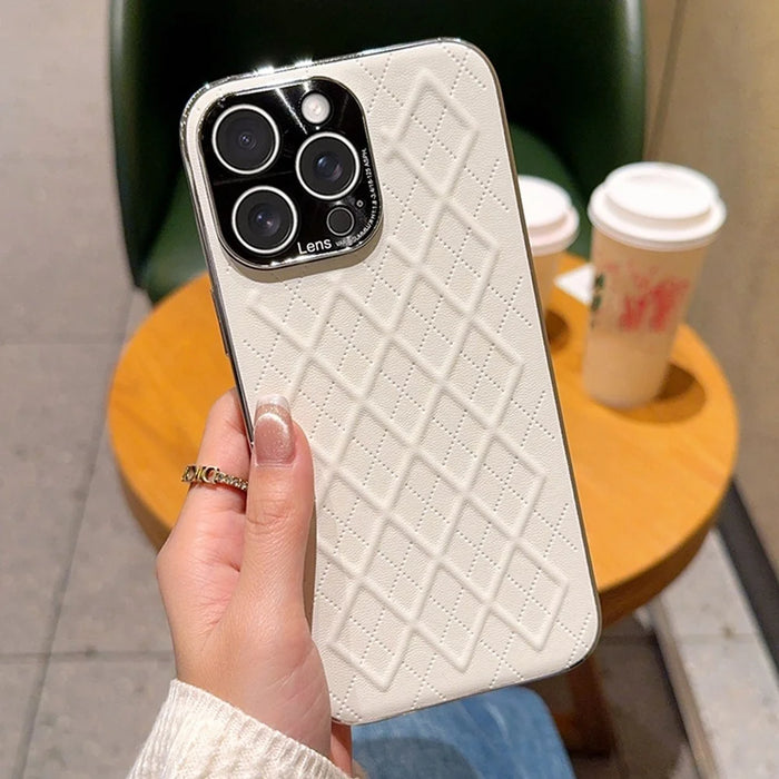 For iPhone 15 Pro Case Electroplated Silver Edge Rhombus Pattern PC + PU Leather Phone Back Cover - White - 3
