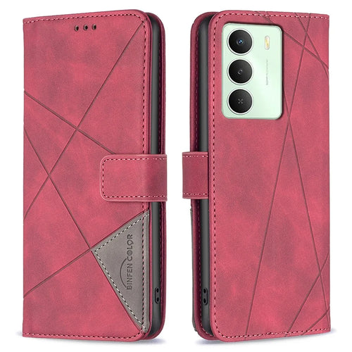 BINFEN COLOR For Realme 14x 5G Phone Case Wallet Stand Geometry Imprinted Leather Cover - Red - 1