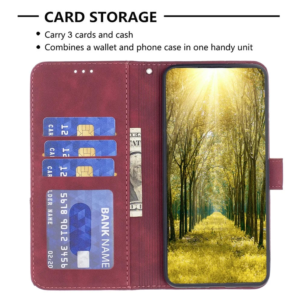 BINFEN COLOR For Realme 14x 5G Phone Case Wallet Stand Geometry Imprinted Leather Cover - Red - 3