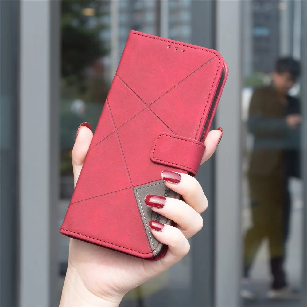BINFEN COLOR For Realme 14x 5G Phone Case Wallet Stand Geometry Imprinted Leather Cover - Red - 5