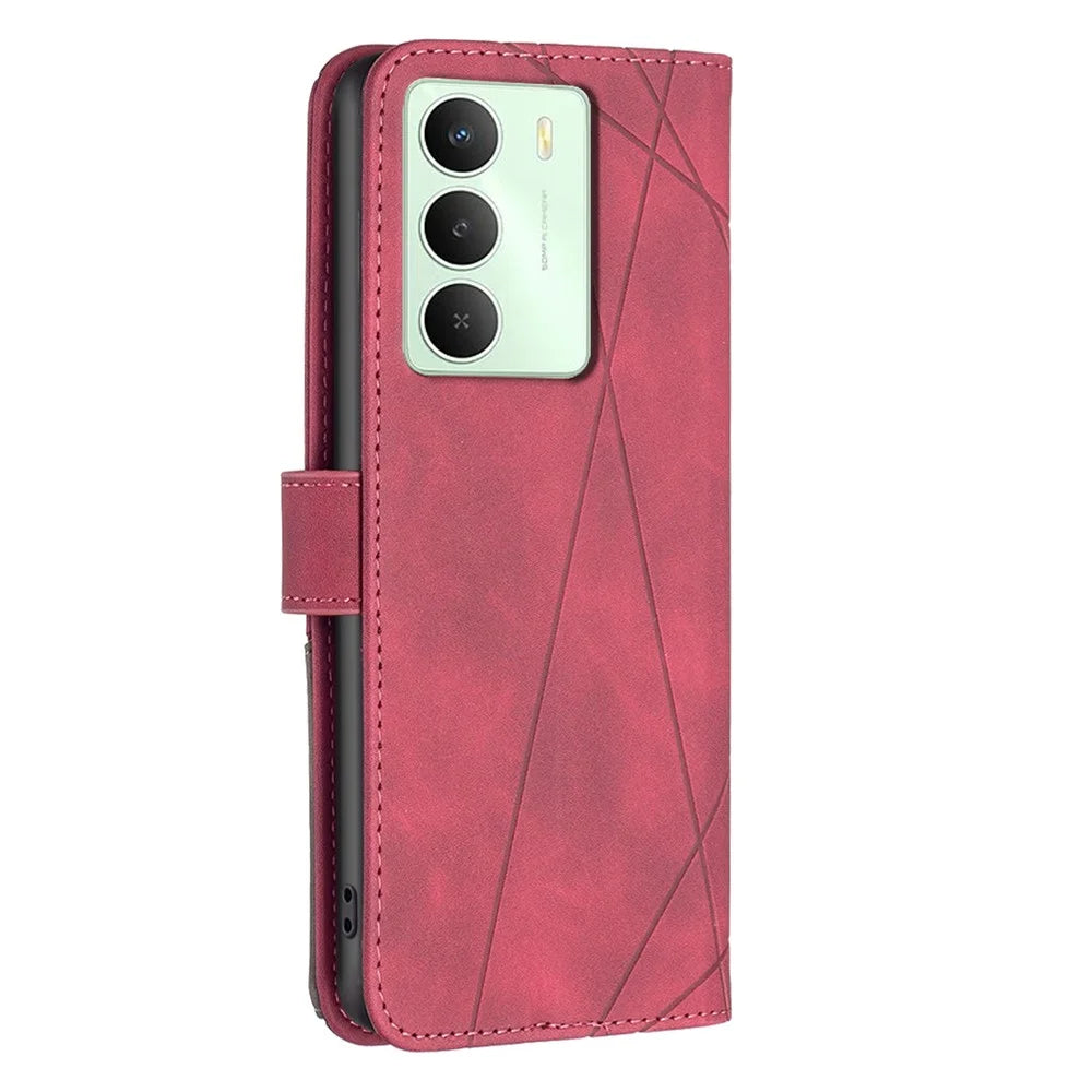 BINFEN COLOR For Realme 14x 5G Phone Case Wallet Stand Geometry Imprinted Leather Cover - Red - 7