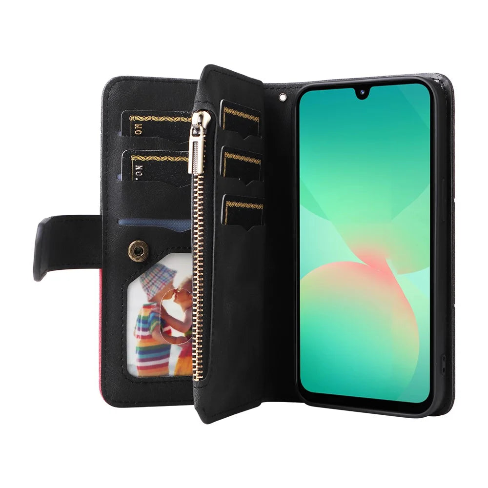 For Samsung Galaxy A18 5G / A17 5G / A17 4G / A26 5G / A16 5G / A16 4G Leather Case with Strap Zipper 9 Card Slot Phone Cover Stand - Black - 2