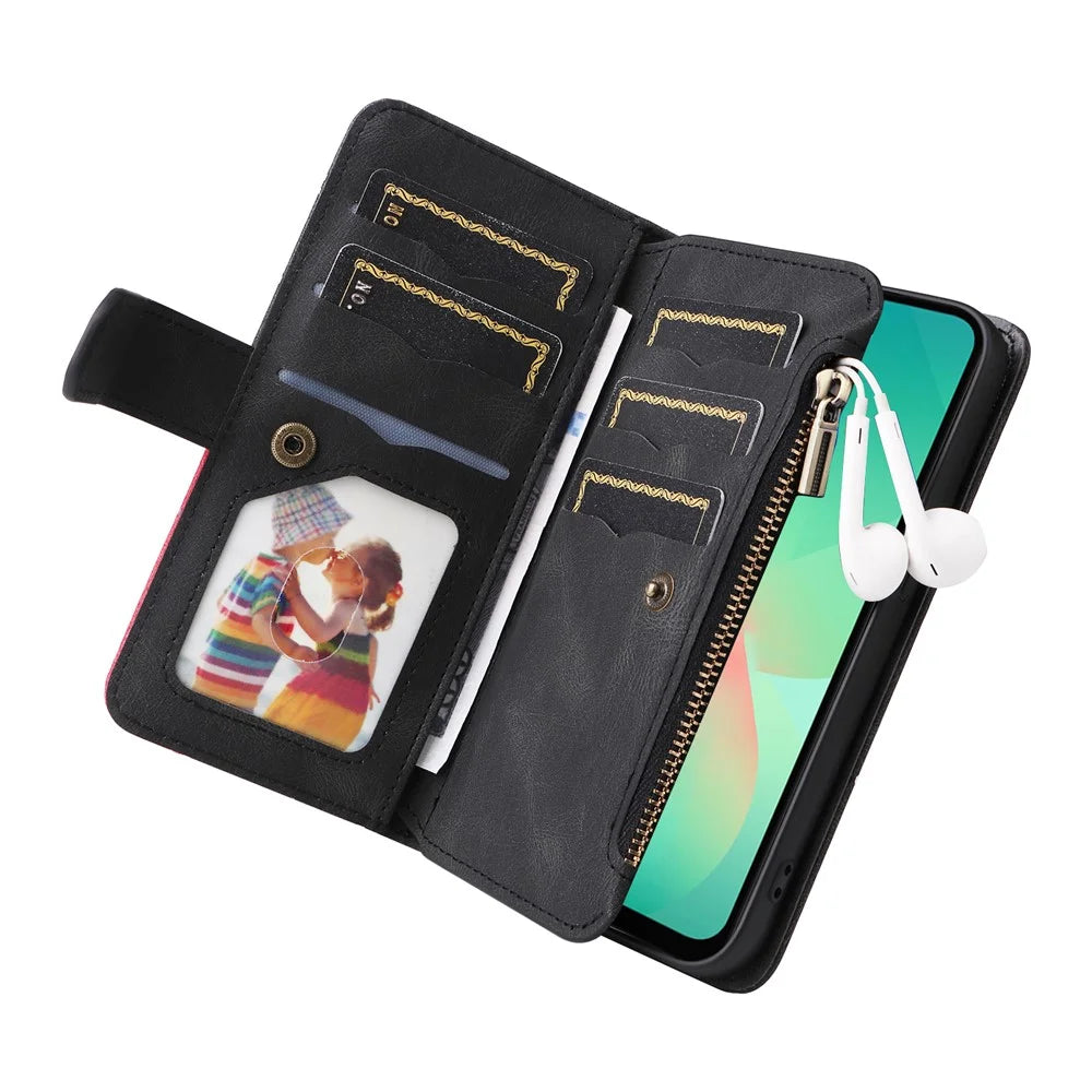 For Samsung Galaxy A18 5G / A17 5G / A17 4G / A26 5G / A16 5G / A16 4G Leather Case with Strap Zipper 9 Card Slot Phone Cover Stand - Black - 3