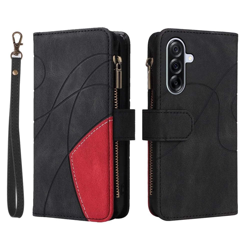 For Samsung Galaxy A36 5G Leather Case with Strap Zipper 9 Card Slot Phone Cover Stand - Black - 1