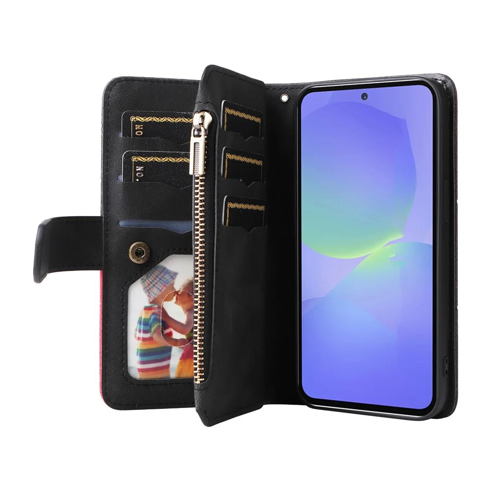 For Samsung Galaxy A36 5G Leather Case with Strap Zipper 9 Card Slot Phone Cover Stand - Black - 2