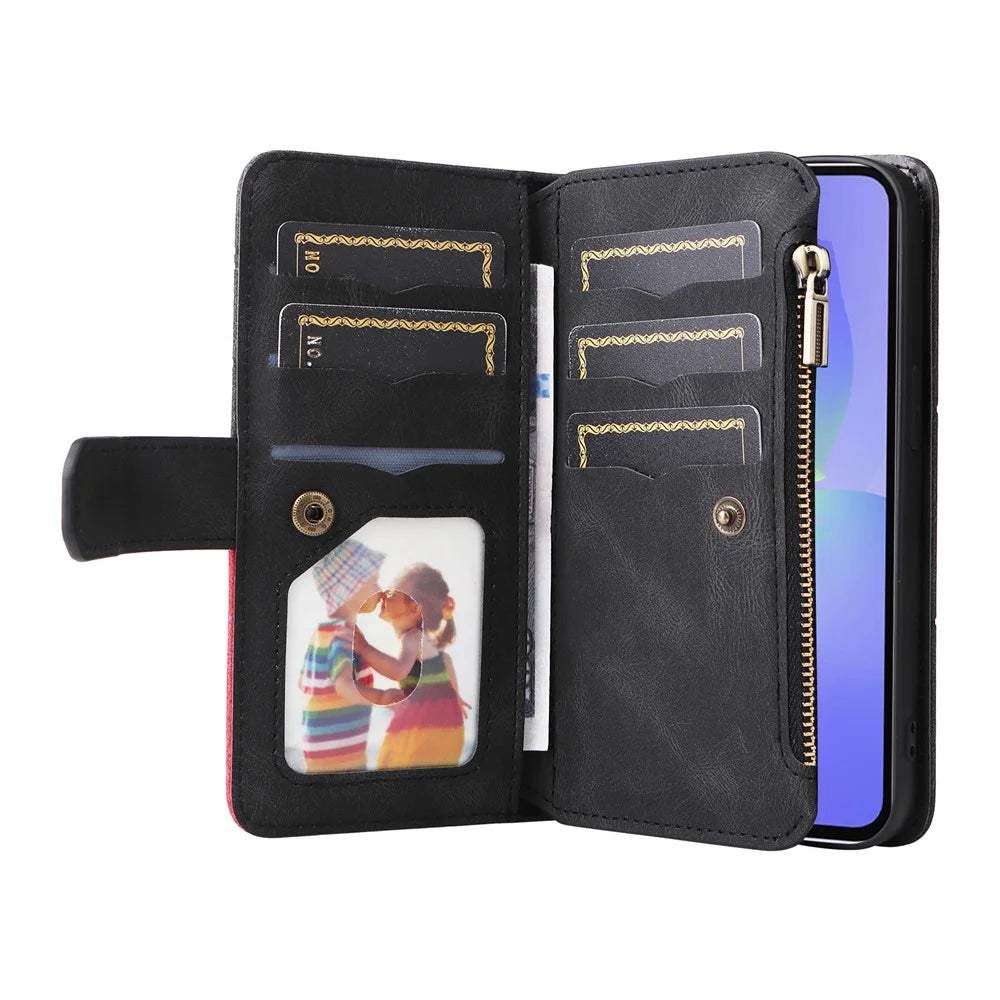 For Samsung Galaxy A36 5G Leather Case with Strap Zipper 9 Card Slot Phone Cover Stand - Black - 3