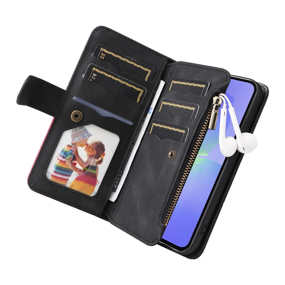For Samsung Galaxy A36 5G Leather Case with Strap Zipper 9 Card Slot Phone Cover Stand - Black - 6