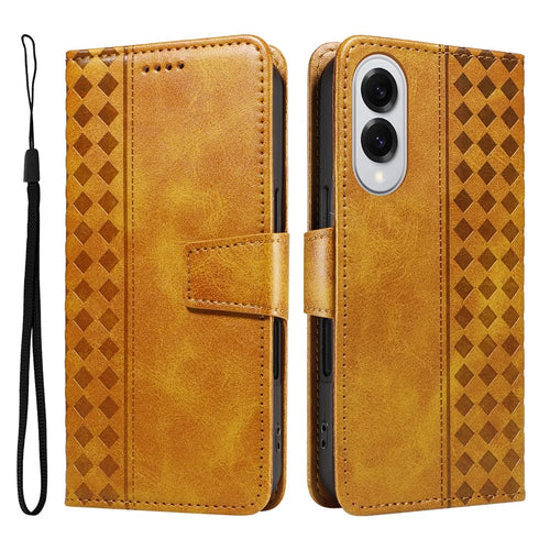 For Samsung Galaxy S25 Edge Leather Case Wallet Stand Grids Imprinted Phone Cover with Strap - Yellow - 1