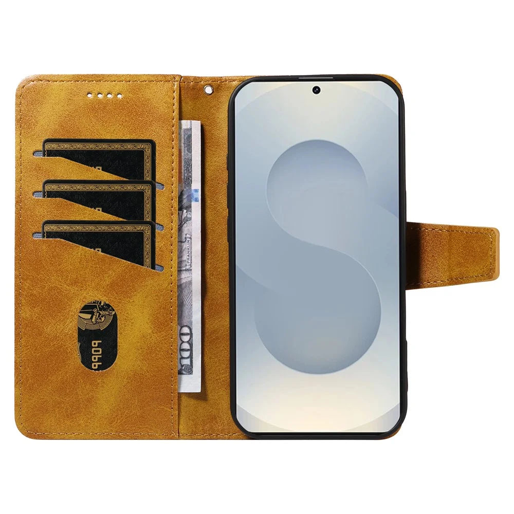For Samsung Galaxy S25 Edge Leather Case Wallet Stand Grids Imprinted Phone Cover with Strap - Yellow - 2