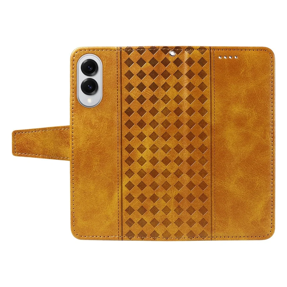 For Samsung Galaxy S25 Edge Leather Case Wallet Stand Grids Imprinted Phone Cover with Strap - Yellow - 3