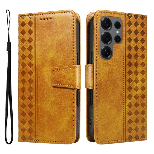 For Samsung Galaxy S25 Ultra Leather Case Wallet Stand Grids Imprinted Phone Cover with Strap - Yellow - 1