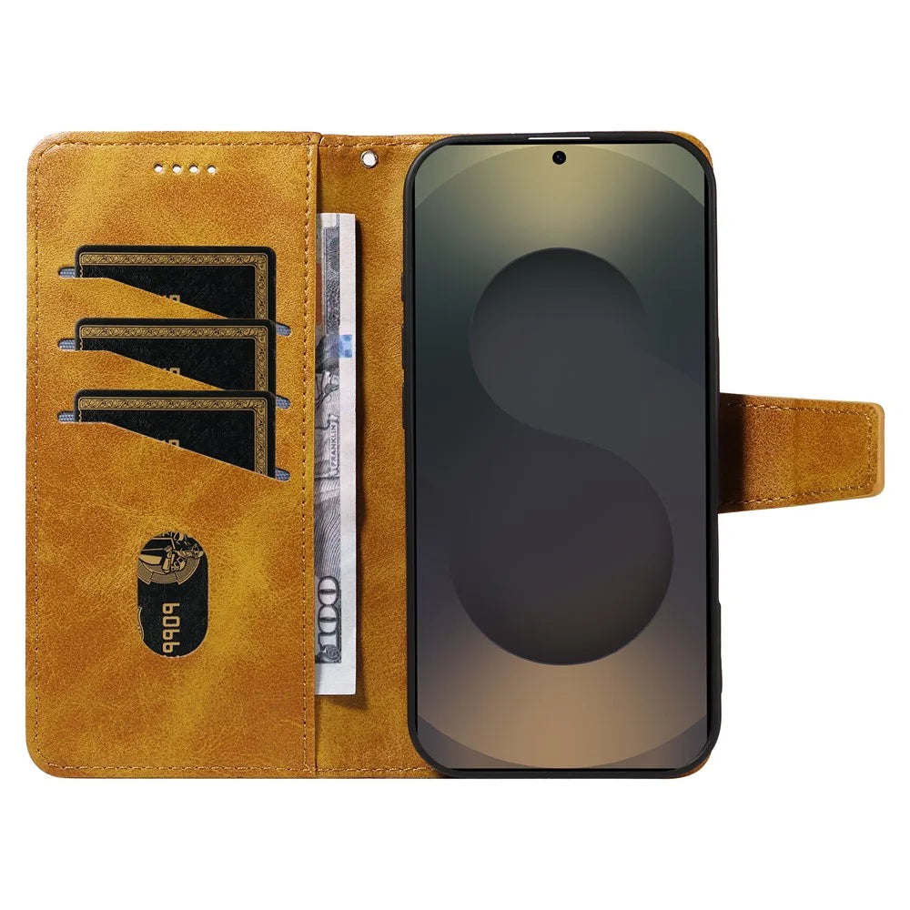 For Samsung Galaxy S25 Ultra Leather Case Wallet Stand Grids Imprinted Phone Cover with Strap - Yellow - 2