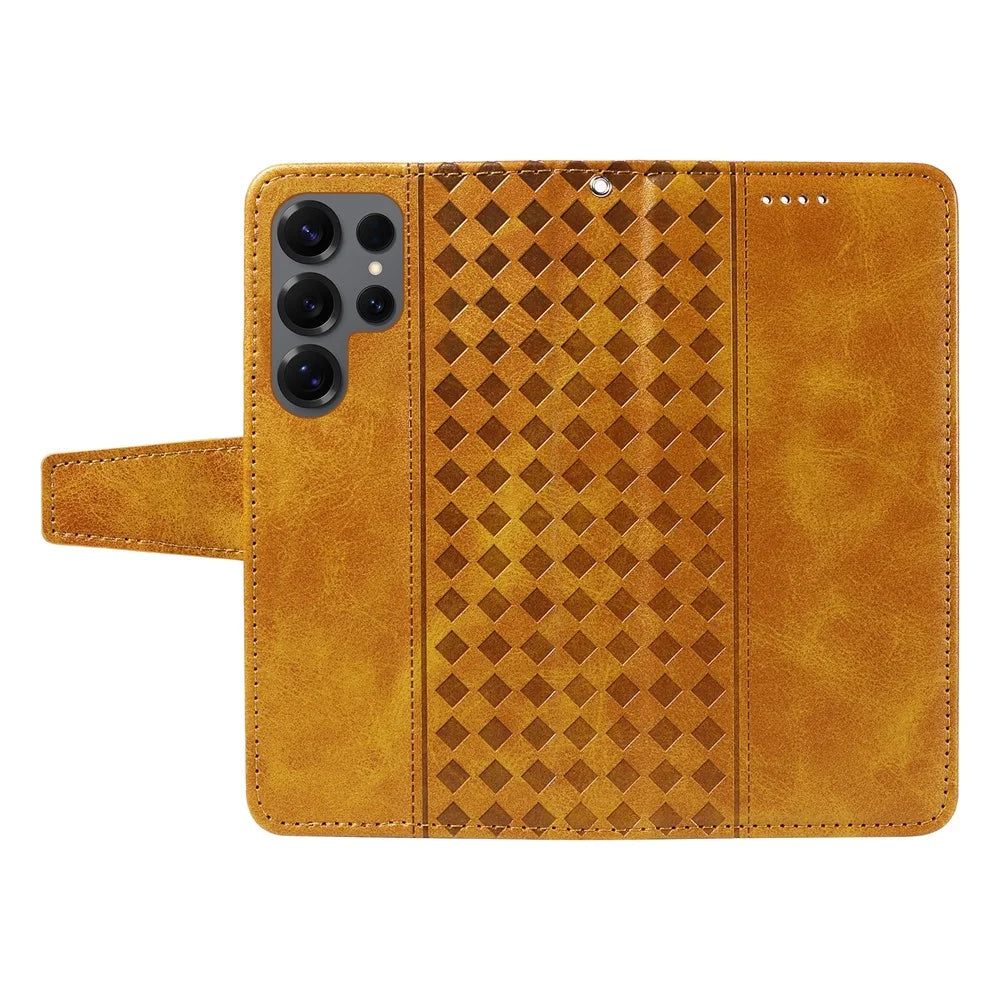 For Samsung Galaxy S25 Ultra Leather Case Wallet Stand Grids Imprinted Phone Cover with Strap - Yellow - 3