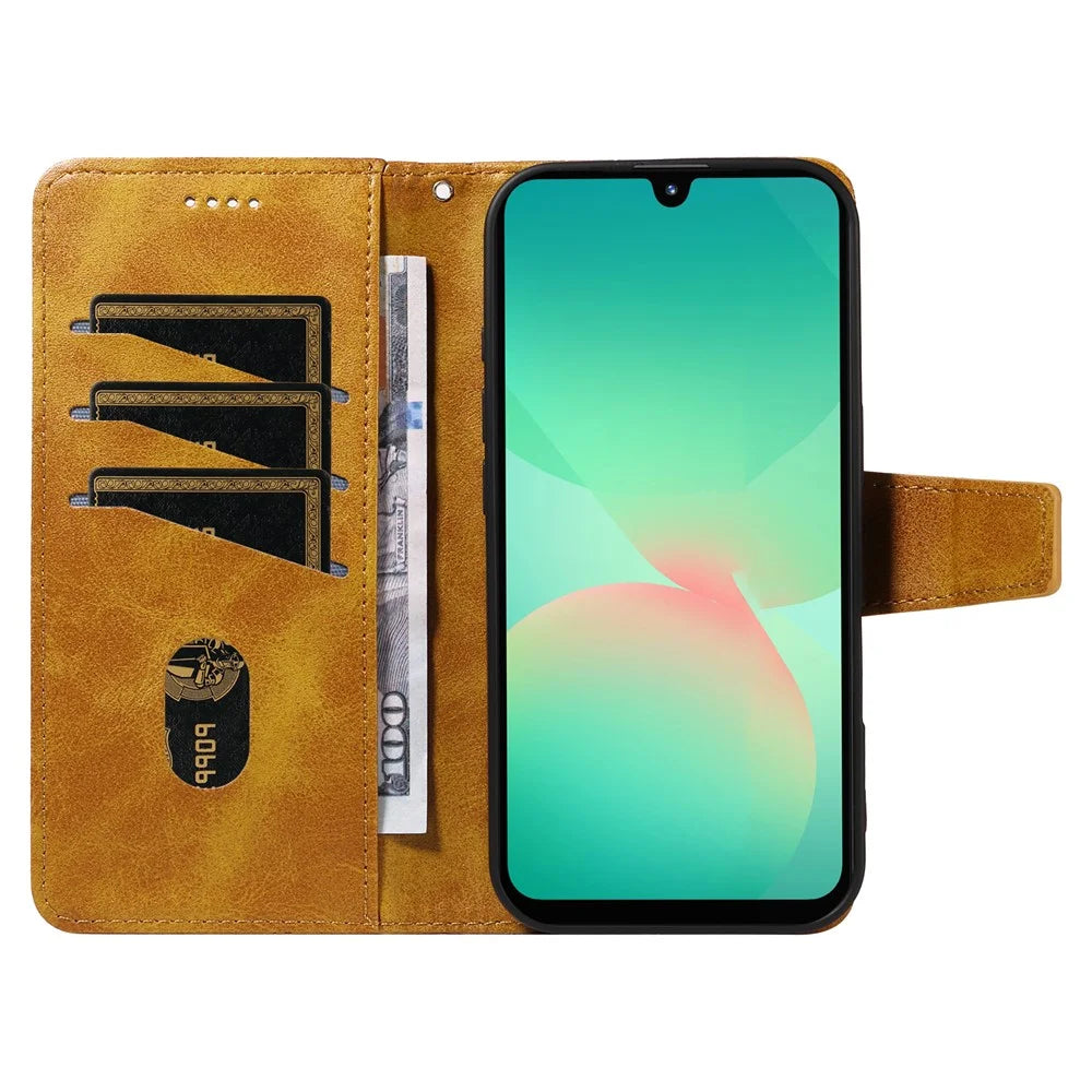 For Samsung Galaxy A18 5G / A17 5G / A17 4G / A26 5G / A16 5G / A16 4G Leather Case Wallet Stand Grids Imprinted Phone Cover with Strap - Yellow - 2