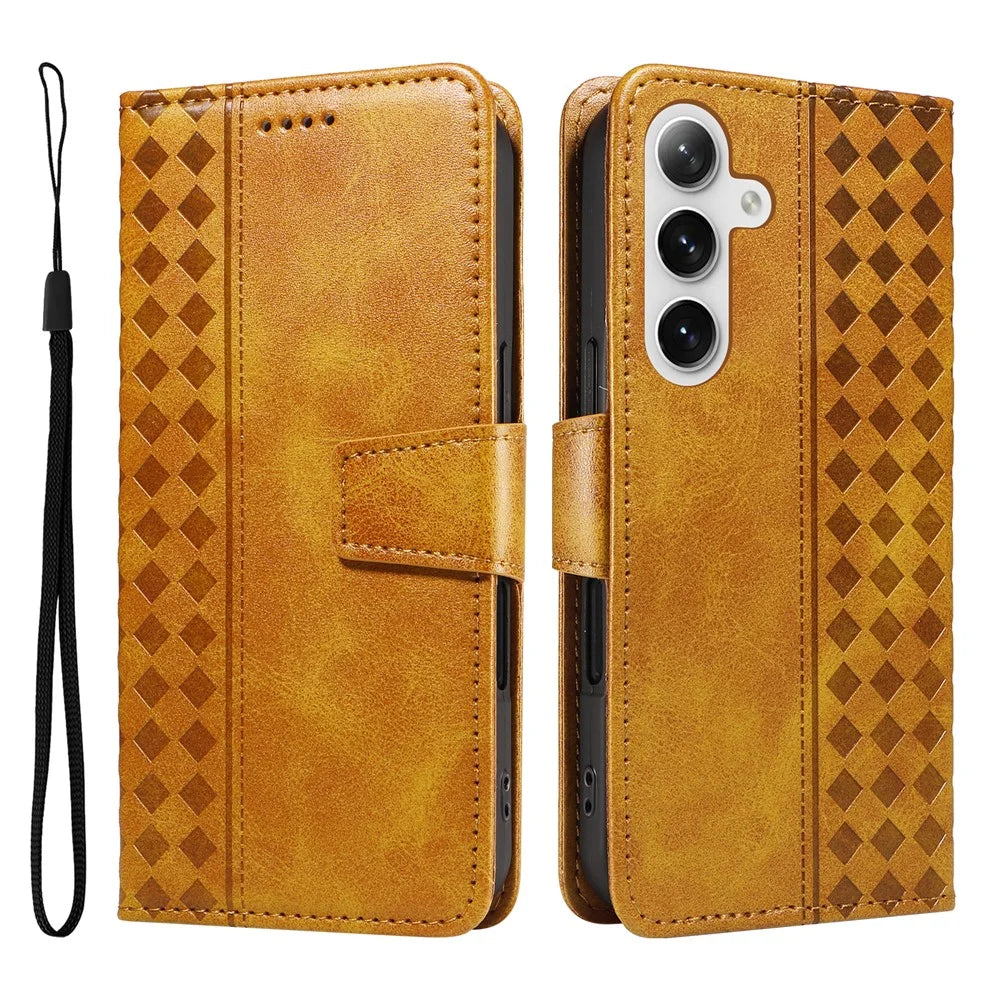 For Samsung Galaxy S24+ / Galaxy S25+ Leather Case Wallet Stand Grids Imprinted Phone Cover with Strap - Yellow - 1