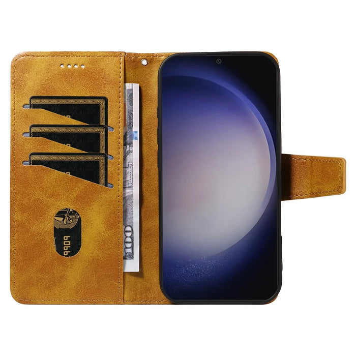 For Samsung Galaxy S24+ / Galaxy S25+ Leather Case Wallet Stand Grids Imprinted Phone Cover with Strap - Yellow - 2