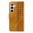 For Samsung Galaxy S24+ / Galaxy S25+ Leather Case Wallet Stand Grids Imprinted Phone Cover with Strap - Yellow - 7