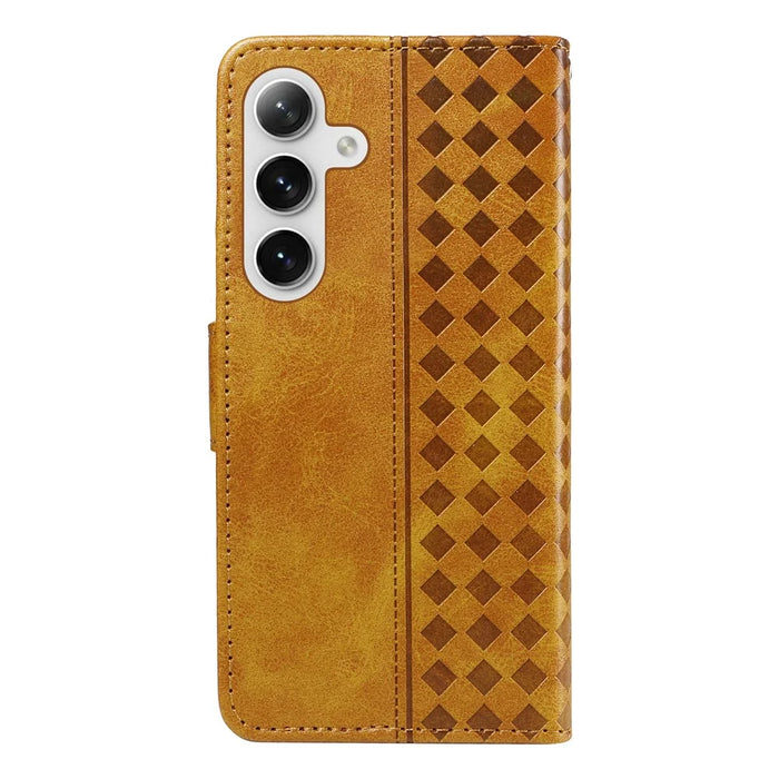 For Samsung Galaxy S24+ / Galaxy S25+ Leather Case Wallet Stand Grids Imprinted Phone Cover with Strap - Yellow - 7