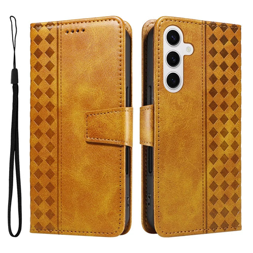 For Samsung Galaxy S24 / Galaxy S25 Leather Case Wallet Stand Grids Imprinted Phone Cover with Strap - Yellow - 1