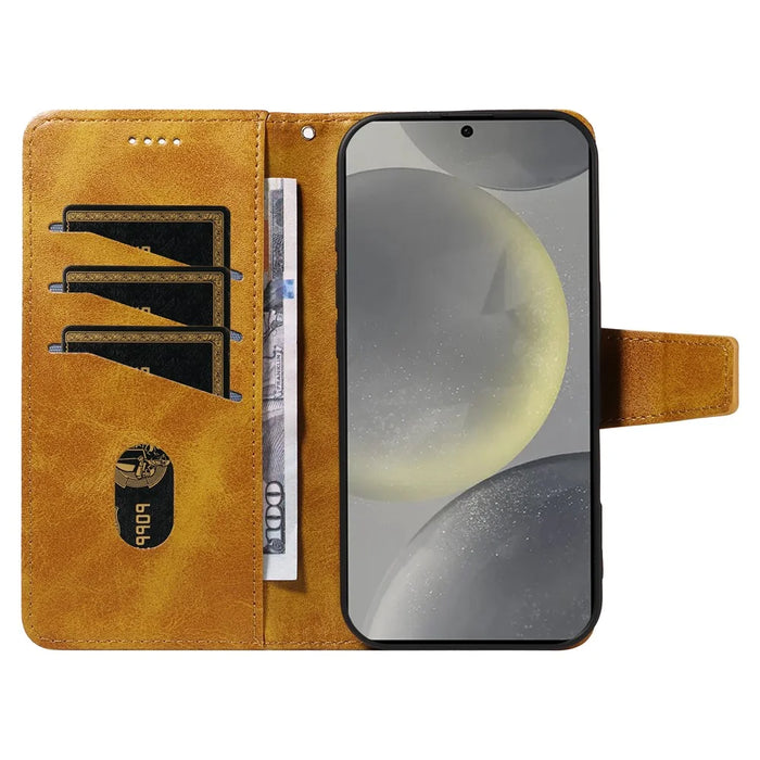 For Samsung Galaxy S24 / Galaxy S25 Leather Case Wallet Stand Grids Imprinted Phone Cover with Strap - Yellow - 2