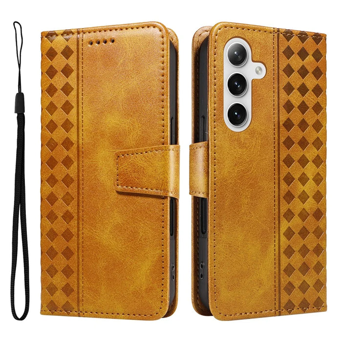 For Samsung Galaxy S24 FE Leather Case Wallet Stand Grids Imprinted Phone Cover with Strap - Yellow - 1