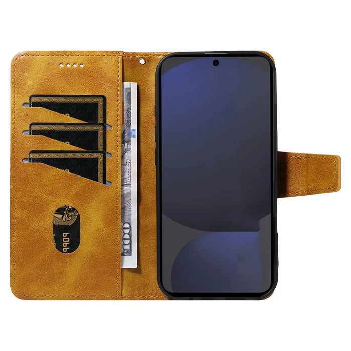 For Samsung Galaxy S24 FE Leather Case Wallet Stand Grids Imprinted Phone Cover with Strap - Yellow - 2