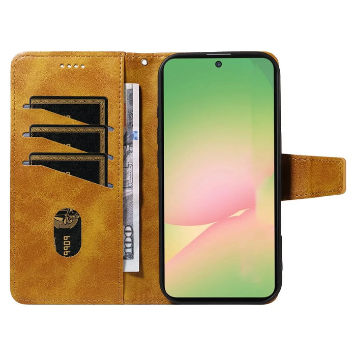 For Samsung Galaxy A56 5G / M56 5G Leather Case Wallet Stand Grids Imprinted Phone Cover with Strap - Yellow - 2