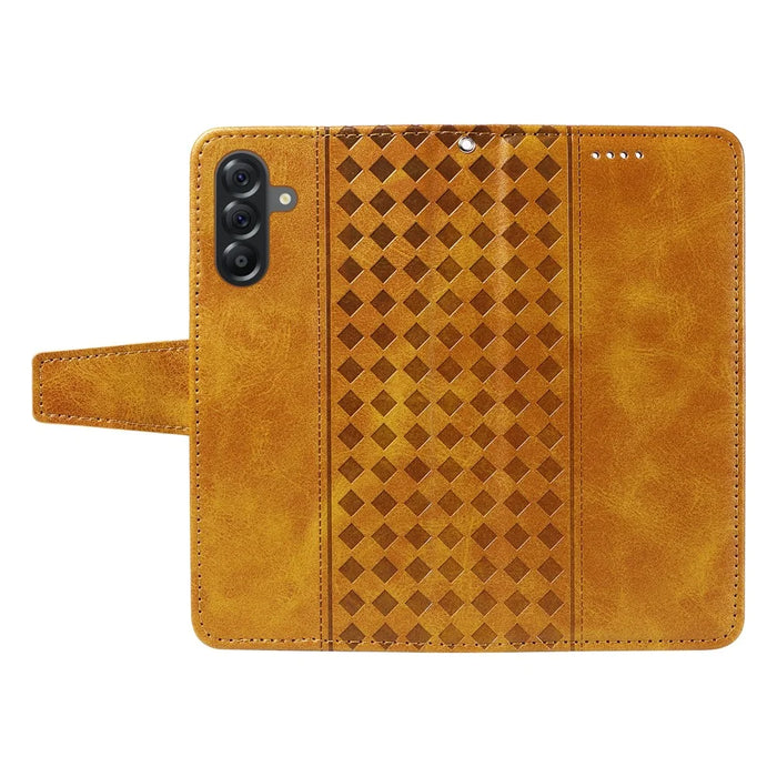 For Samsung Galaxy A56 5G / M56 5G Leather Case Wallet Stand Grids Imprinted Phone Cover with Strap - Yellow - 3