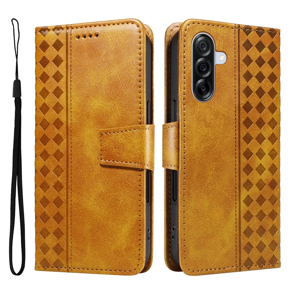 For Samsung Galaxy A36 5G Leather Case Wallet Stand Grids Imprinted Phone Cover with Strap - Yellow - 1