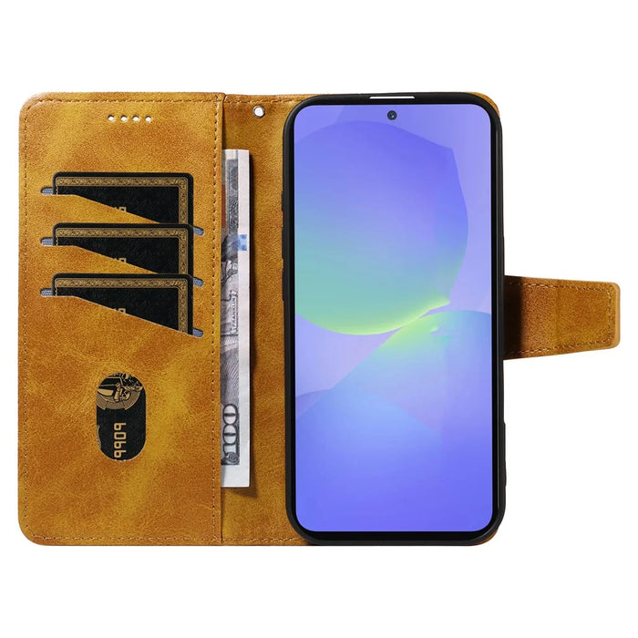 For Samsung Galaxy A36 5G Leather Case Wallet Stand Grids Imprinted Phone Cover with Strap - Yellow - 2