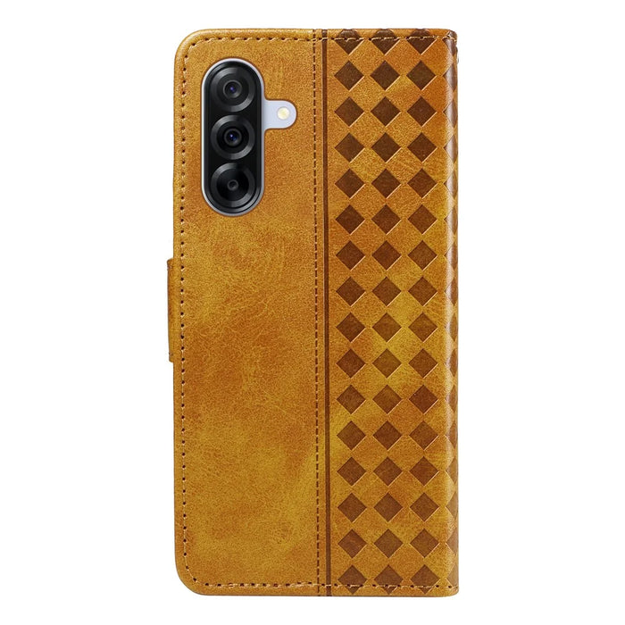 For Samsung Galaxy A36 5G Leather Case Wallet Stand Grids Imprinted Phone Cover with Strap - Yellow - 7