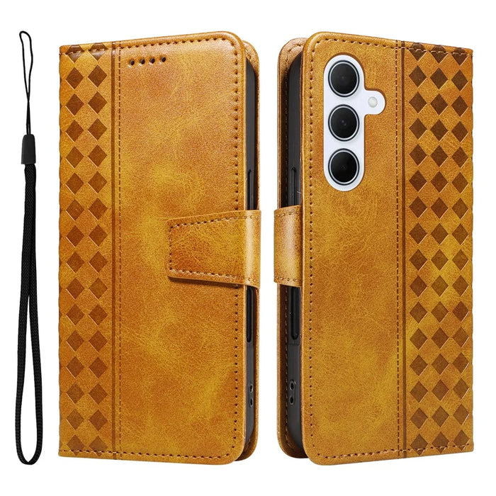 For Samsung Galaxy A55 5G Leather Case Wallet Stand Grids Imprinted Phone Cover with Strap - Yellow - 1