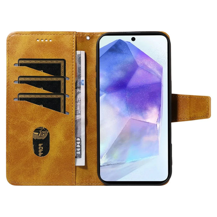 For Samsung Galaxy A55 5G Leather Case Wallet Stand Grids Imprinted Phone Cover with Strap - Yellow - 2